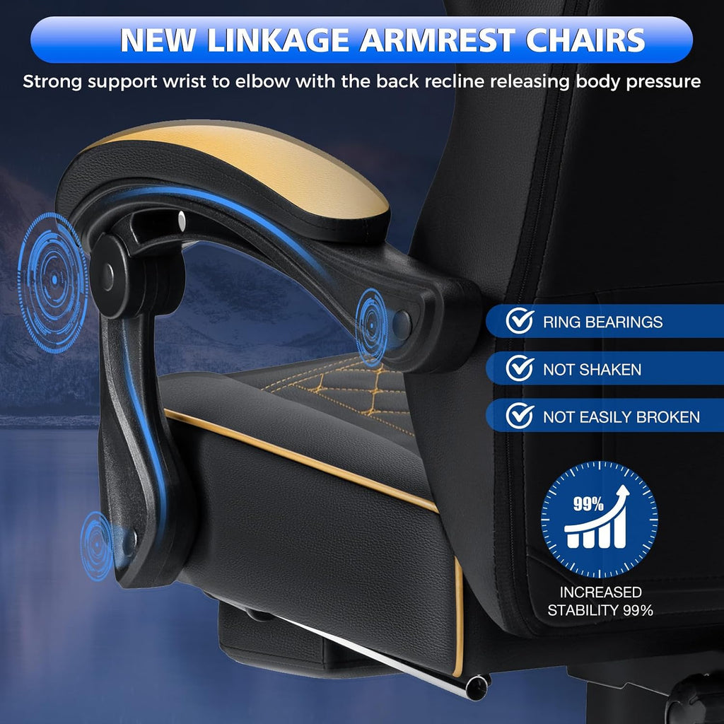 HOFFREE Gaming Chair Computer Chair with Speakers Massage Game Chairs with Footrest Bluetooth High Back Ergonomic Computer Gaming Chairs for Adults Reclining Video Gamer Chair Gold and Black