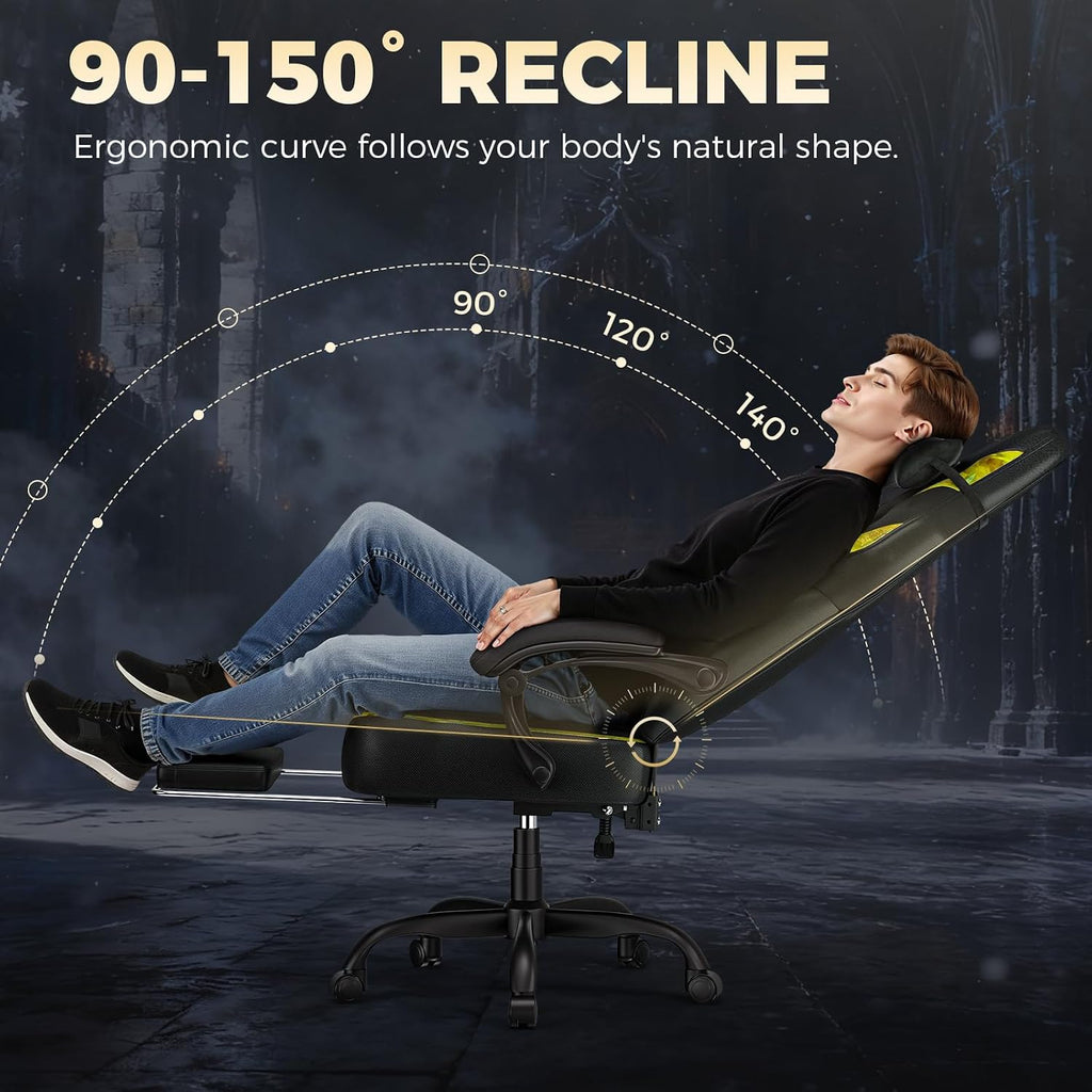 GTPLAYER Big and Tall Gaming Chair for Adults, Ergonomic Office Chair with Footrest, Heavy Duty 350 lbs Capacity, High Back, Premium Leather & Iridescent Trim, ACE-Armor, Yellow (Iridescent)