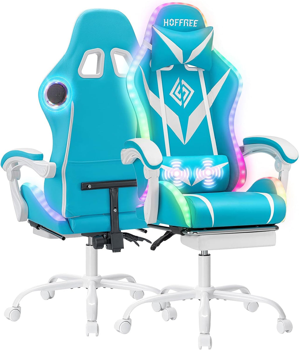 Gaming Chair with Bluetooth Speakers and RGB LED Lights Ergonomic Massage Computer Gaming Chair with Footrest Video Game Chair High Back with Lumbar Support Light Blue and White