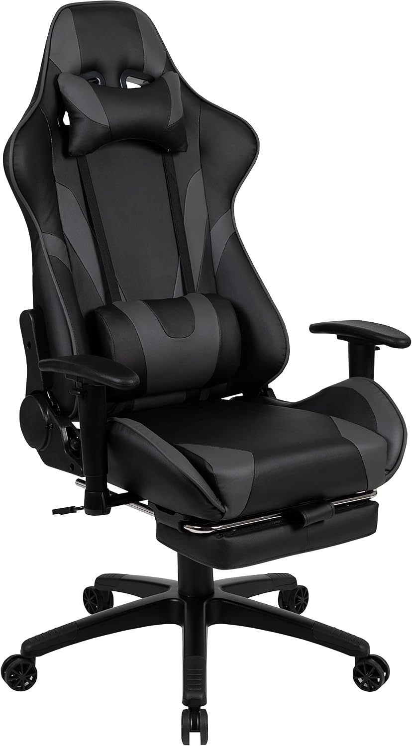 Flash Furniture Red Gaming Desk with Cup Holder/Headphone Hook & Gray Reclining Gaming Chair with Footrest