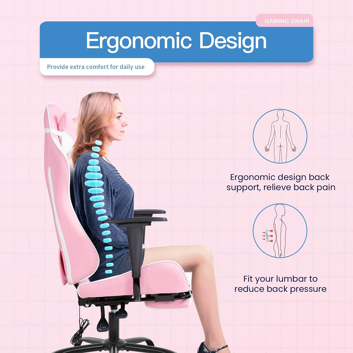 BestOffice Women's Pink Faux Leather PC Gaming Chair with Lumbar Support, Swivel and Adjustable Armrests