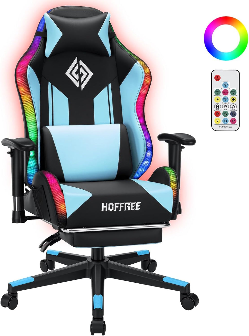HOFFREE RGB LED Gaming Chair for Kids Reclining Gaming Chairs for Teens 8-15 Computer Chair with RGB Lights Kids PC Game Chair with Footrest and Lumbar Support Video Game Chairs Blue and Black