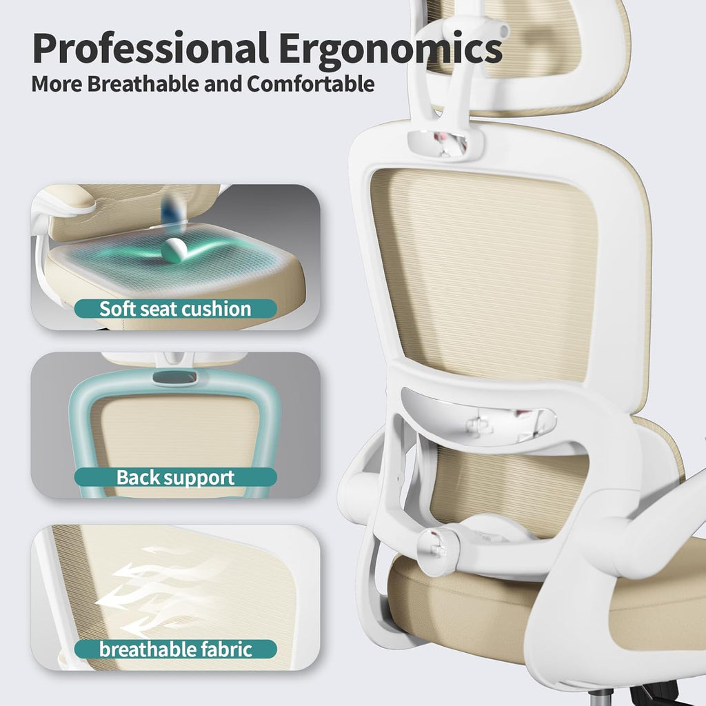 TRALT Office Chair Ergonomic Desk Chair, 330 LBS Home Mesh Office Desk Chairs with Wheels, Comfortable Gaming Chairs (Beige)