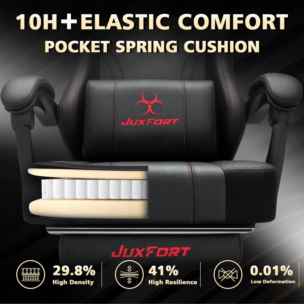 Big and Tall Gaming Chair with Massage and Pocket Spring Cushion,Gamer Chairs for Adults 400lb Weight Capacity, Video Game Chair with Headrest and Lumbar Support (Black)