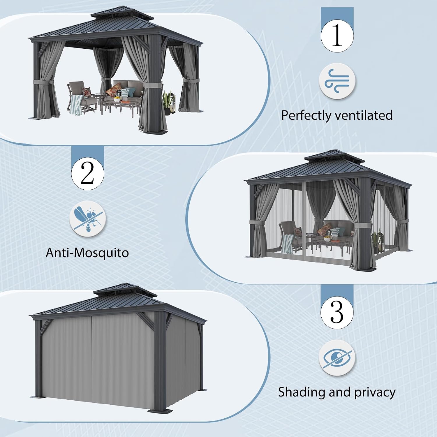Aoxun 12' x 12' Permanent Hardtop Gazebo with Galvanized Steel Double Roof and Aluminum Frames Outdoor Large Pavilion Gazebo for Patio Deck Garden, Nettings and Curtains Included, Gray