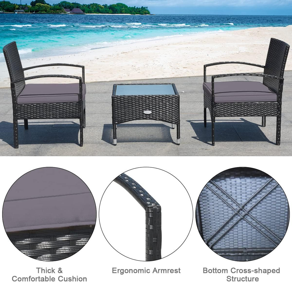 COSTWAY 3 PCS Patio Wicker Conversation Set, PE Rattan Sofa with Tempered Glass Coffee Table, 2 Chairs, 2 Cushions, Outdoor Patio Furniture Set for Yard Porch Bistro Balcony Backyard Pool, Grey