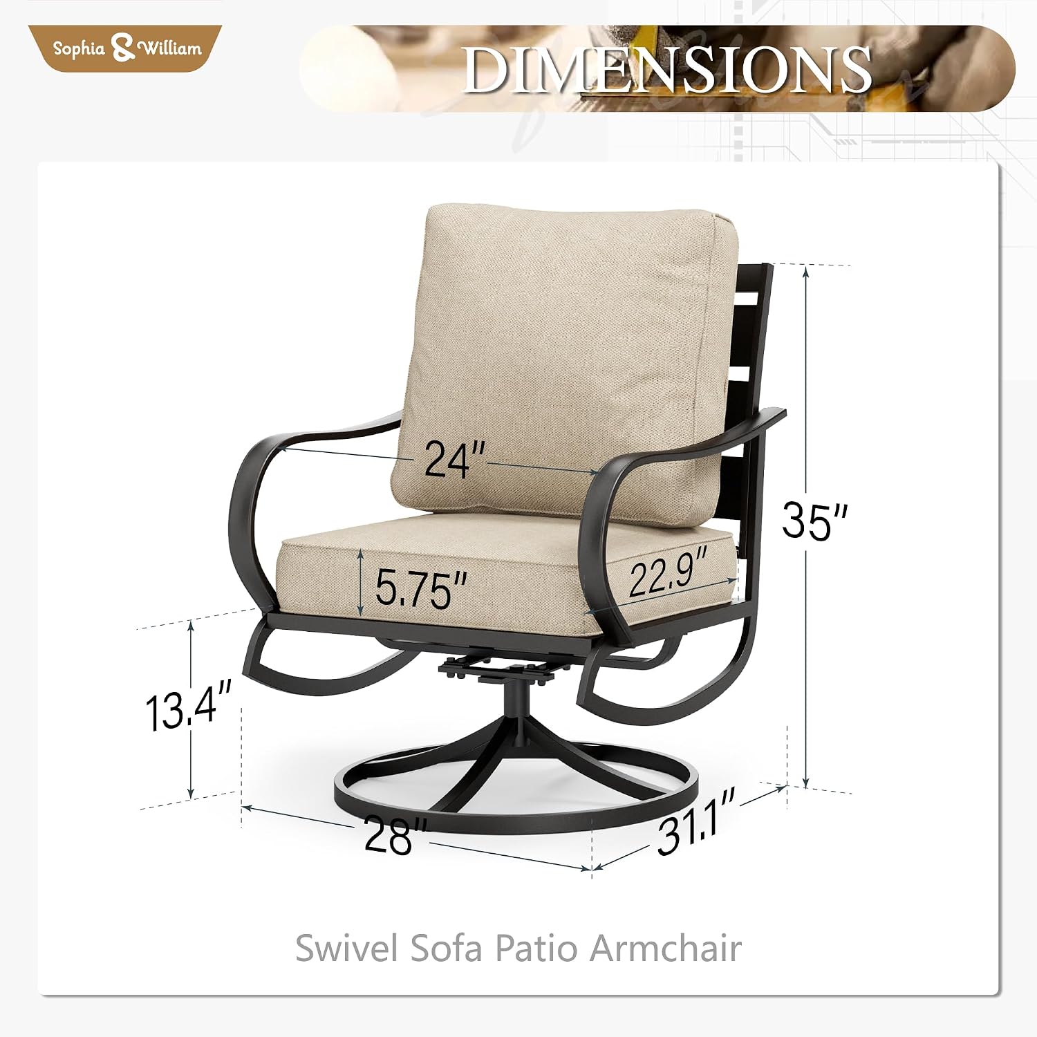 Sophia & William 2 Pieces Patio Furniture Sets Metal Sofa Chairs Patio Cushion Armchairs Swivel Sofa Chairs with Removable Cover for Garden Backyard Poolside Beige