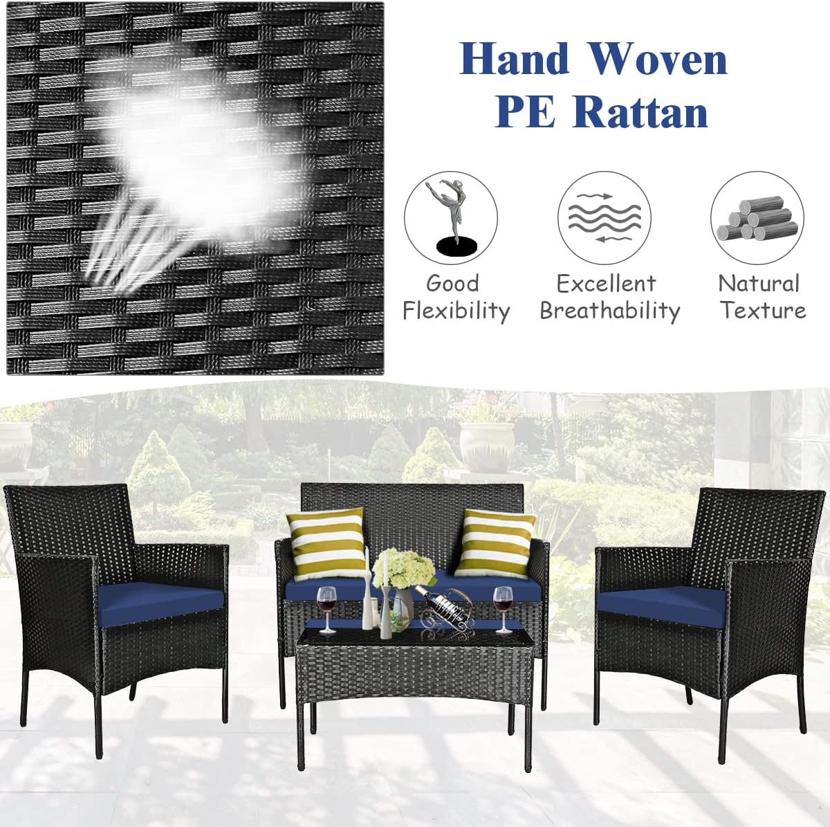 Tangkula 4 Piece Patio Furniture Set, Outdoor Wicker Conversation Set with Tempered Glass Coffee Table, Rattan Loveseat & Chairs Set with Seat Cushions for Backyard, Garden, Poolside (1, Navy)