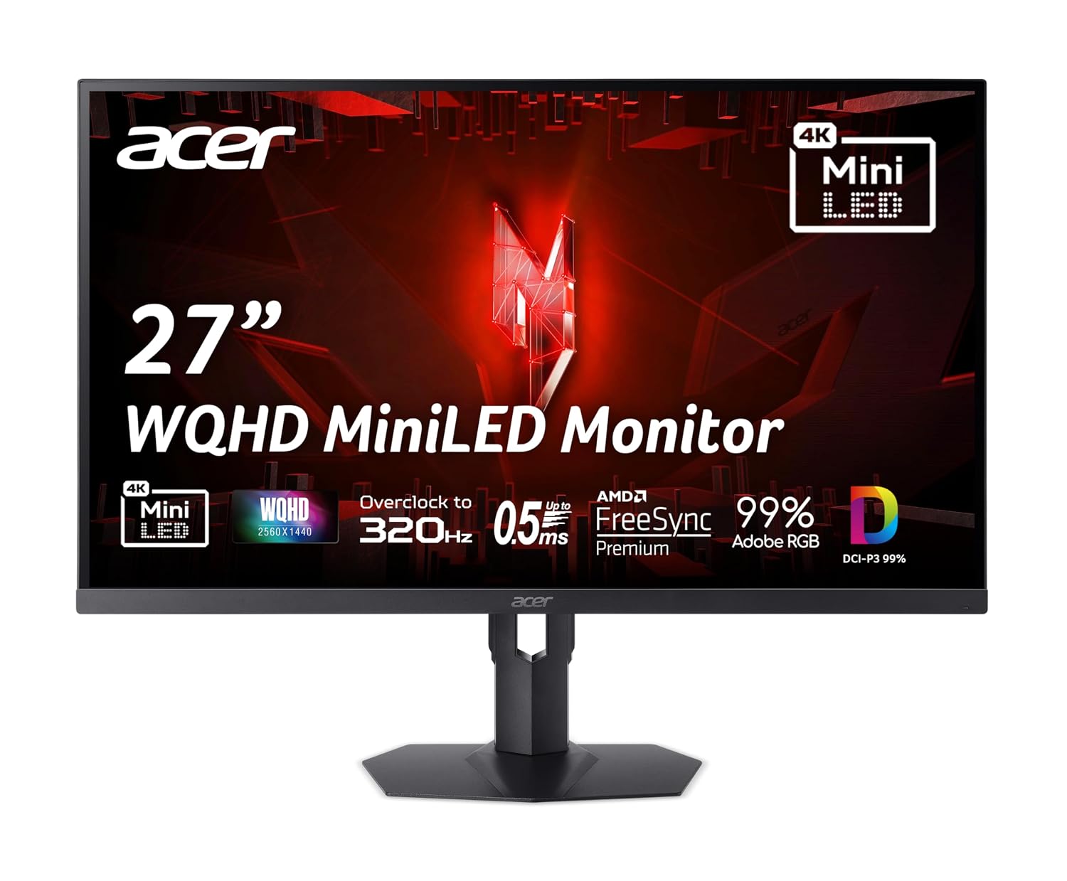acer Nitro 27' WQHD 2560 x 1440 Gaming IPS MiniLED Monitor | AMD FreeSync Premium | 320Hz Refresh Rate | Up to 0.5ms | AdobeRGB 99% | 1 x Display Port 1.4 & 2 x HDMI 2.1 Ports | XV275U F3biipprx