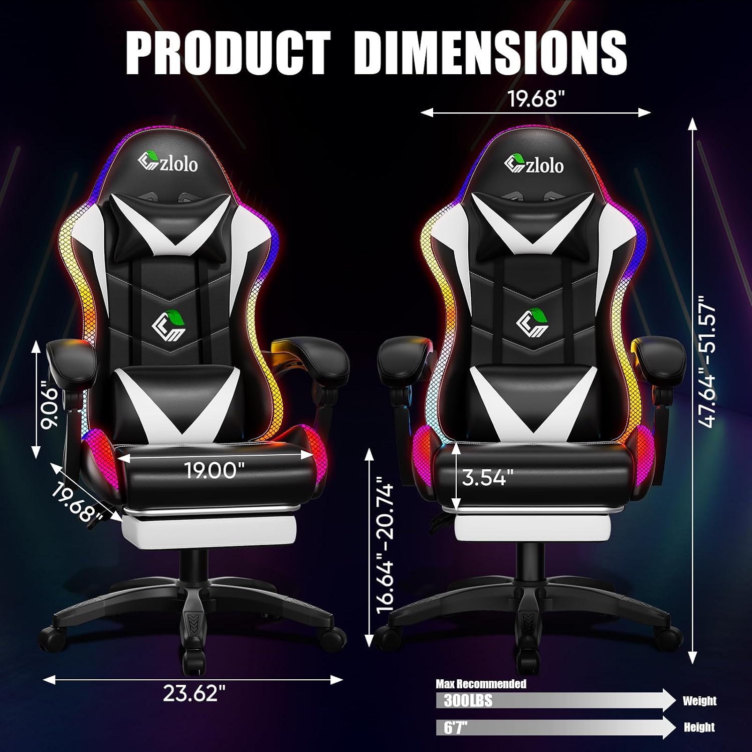 Czlolo Gaming Chair, RGB LED Lights Computer Chair with Footrest, Lumbar Support Massager Gamer Chair, High Back, 90-135° Reclining, Linkage Armrests, White