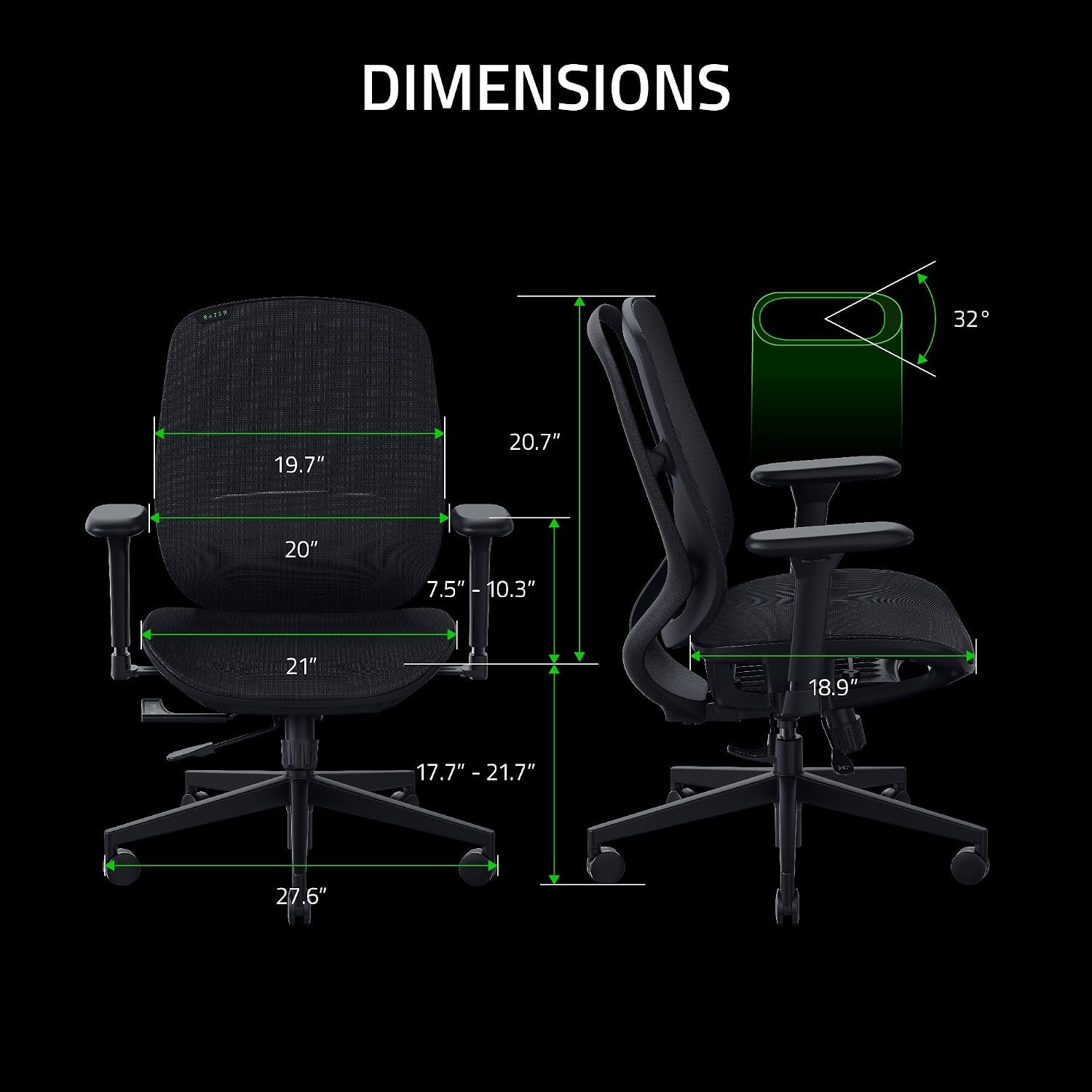 Razer Fujin Mesh Ergonomic Gaming Chair: Ultra-Durable & Breathable - 130 Degree Recline - Adjustable Lumbar Support - 3D Padded Armrests - Premium Frame - Sturdy Build