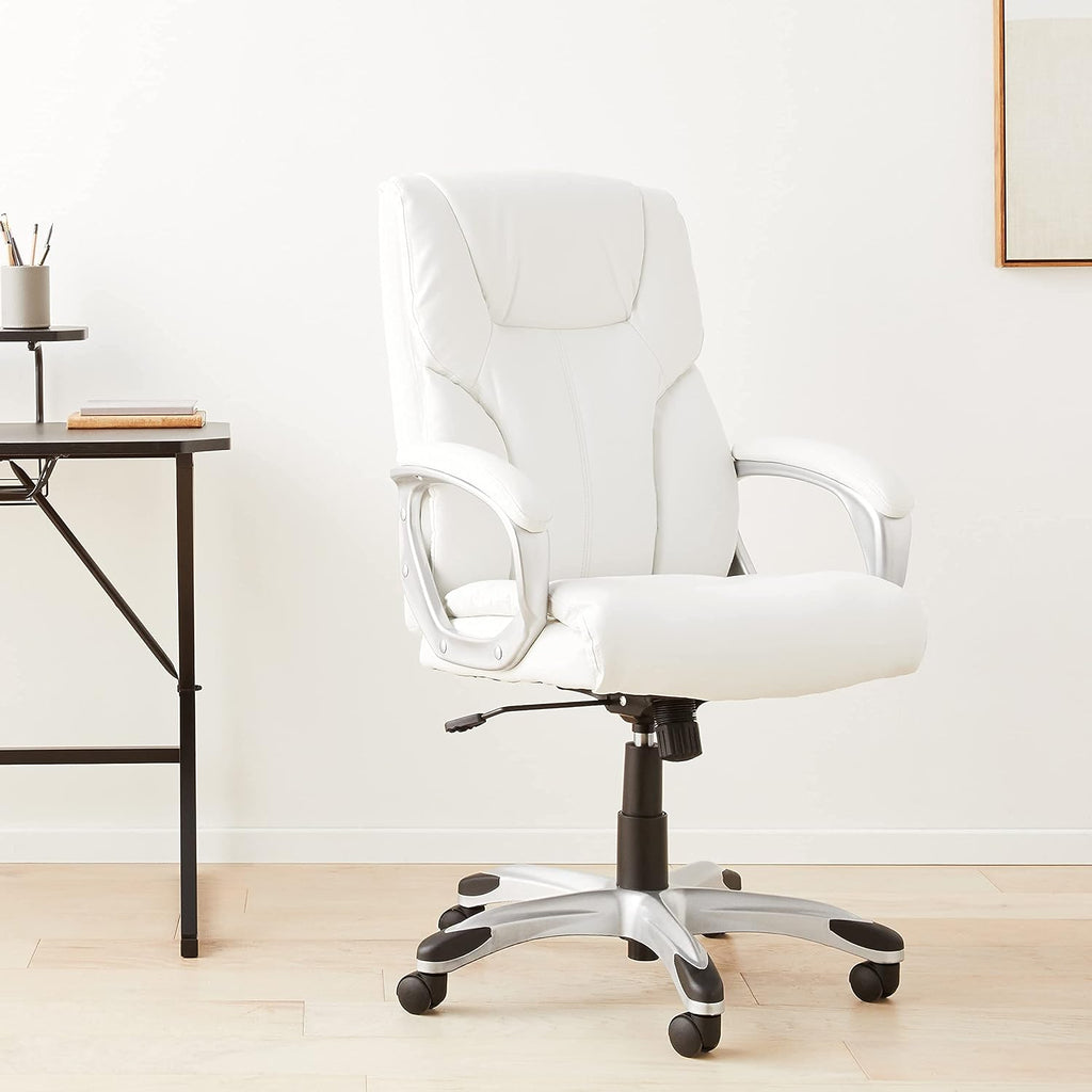 Amazon Basics Executive High Back Office Desk Chair, Adjustable Height, Tilt, Swivel, 275lb Capacity, Bonded Leather, White/Pewter