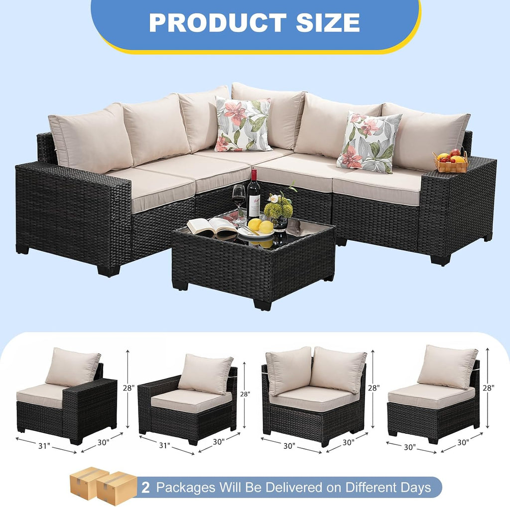 Patio Furniture Set, 6 Pieces Outdoor Couch Sofa with Wider Armrests & Glass Coffee Table, Outdoor Sectional Furniture with Thick Cushions for Party, Poolside,Garden-Beige
