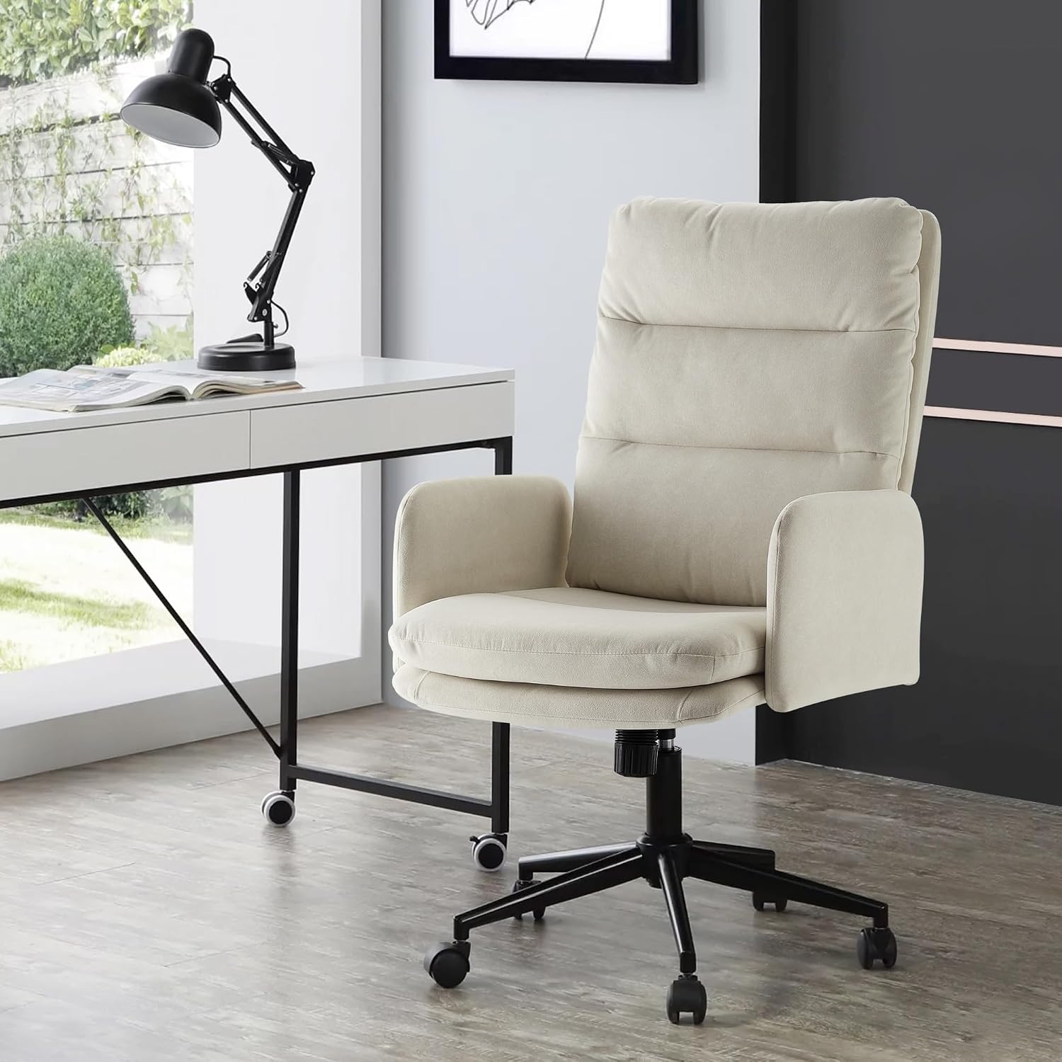 IWMH Swivel Home Office Chair,High-Back Armchair,Makeup Chair with Wheels and Armrests,Height Adjustable Desk Chair Upholstered Computer Task Chair, Leisure Armchair (Beige)