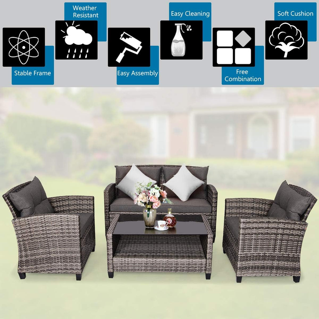 Tangkula 4 PCS Patio Wicker Conversation Furniture Set, Outdoor Rattan Sofa Set with Padded Cushion & Tempered Glass Coffee Table, Wicker Sectional Sofas & Table for Courtyard Balcony Garden (1, Grey)