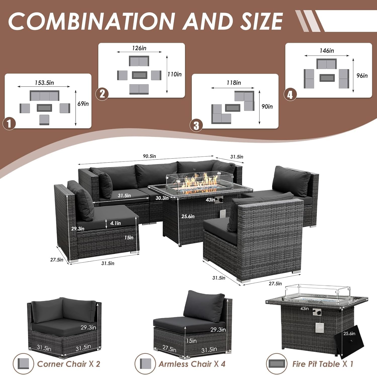 RADIATA 7 Piece Wicker Patio Furniture Set with Fire Pit, All-Weather Outdoor Sectional Couch High Back Large Size, Modular Backyard Seating Sofa Set with Propane/Natural Gas Firepit Table, Dark Gray