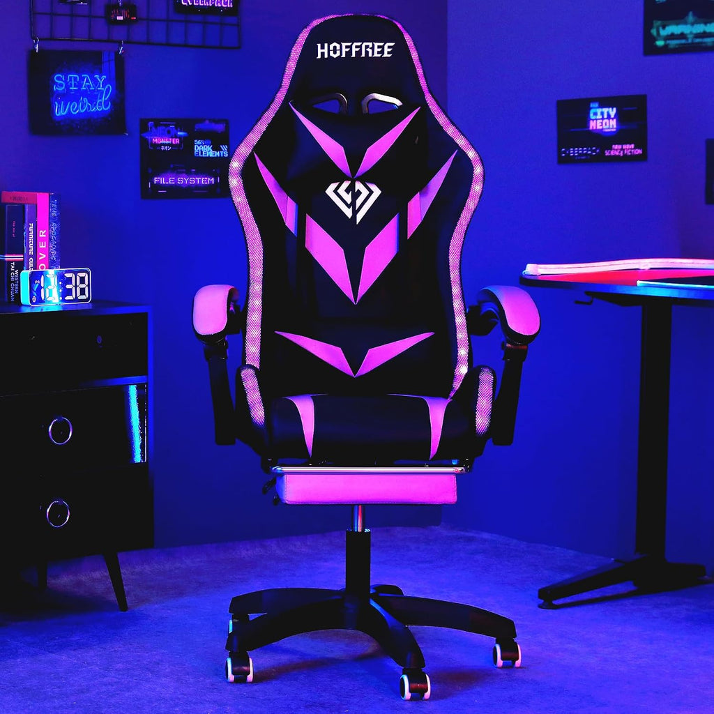 HOFFREE RGB Gaming Chair with Speakers and Massage Ergonomic Computer Chair with Lights and Footrest Reclining Video Game Chairs for Adults Purple and Black