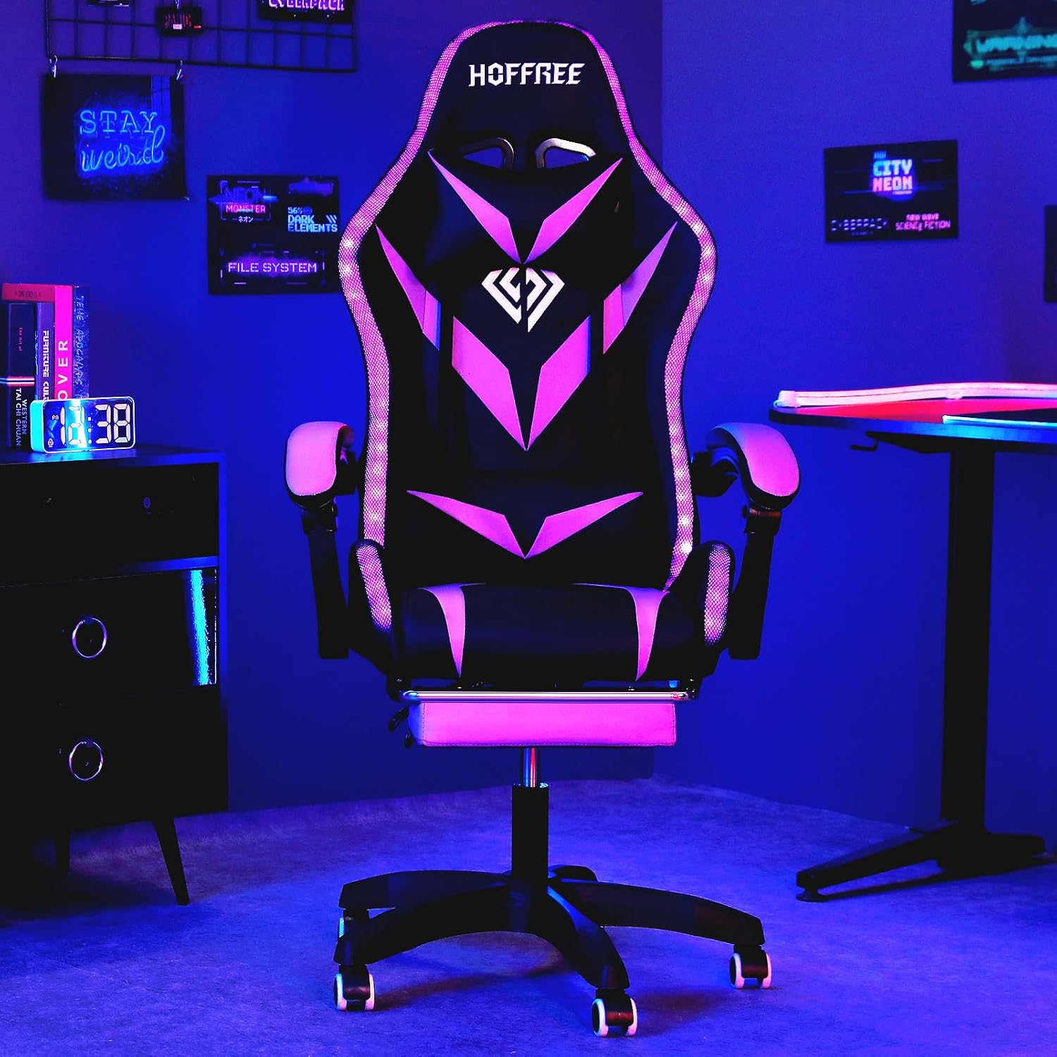 HOFFREE RGB Gaming Chair with Speakers and Massage Ergonomic Computer Chair with Lights and Footrest Reclining Video Game Chairs for Adults Purple and Black