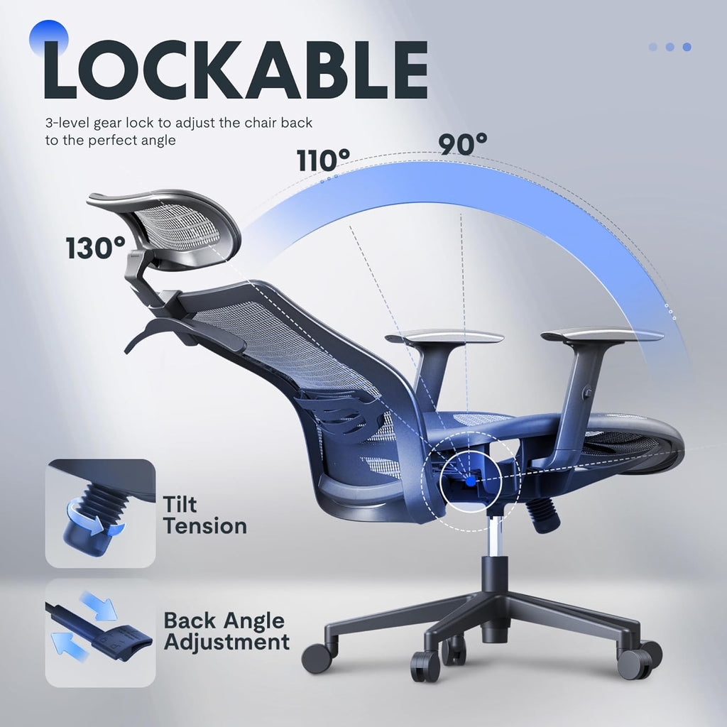 FLEXISPOT Ergonomic Office Chair, High Back Mesh Swivel Computer Chair, Executive Office Desk Chairs, with Adjustable Lumbar Support/2D Headrest/Lockable Backrest, OC3 Mesh Seat, Gray