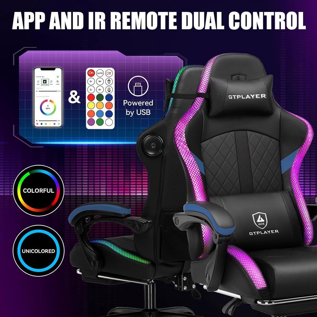 GTPLAYER RGB Gaming Chair with Speakers - LED Computer Game Chair for Adults, PC Home Office Chairs with Footrest & Lights, Reclining Desk Chairs, Blue