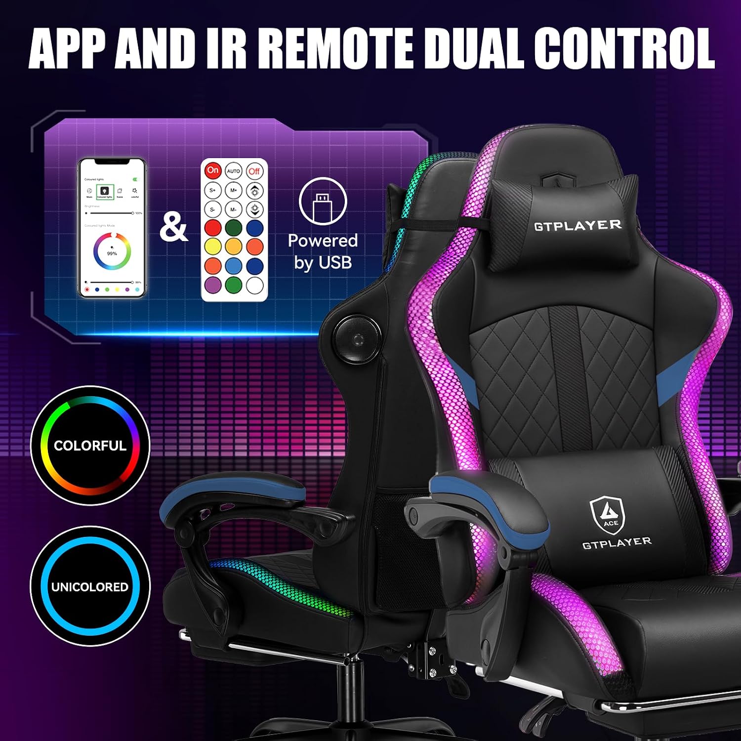 GTPLAYER RGB Gaming Chair with Speakers - LED Computer Game Chair for Adults, PC Home Office Chairs with Footrest & Lights, Reclining Desk Chairs, Blue
