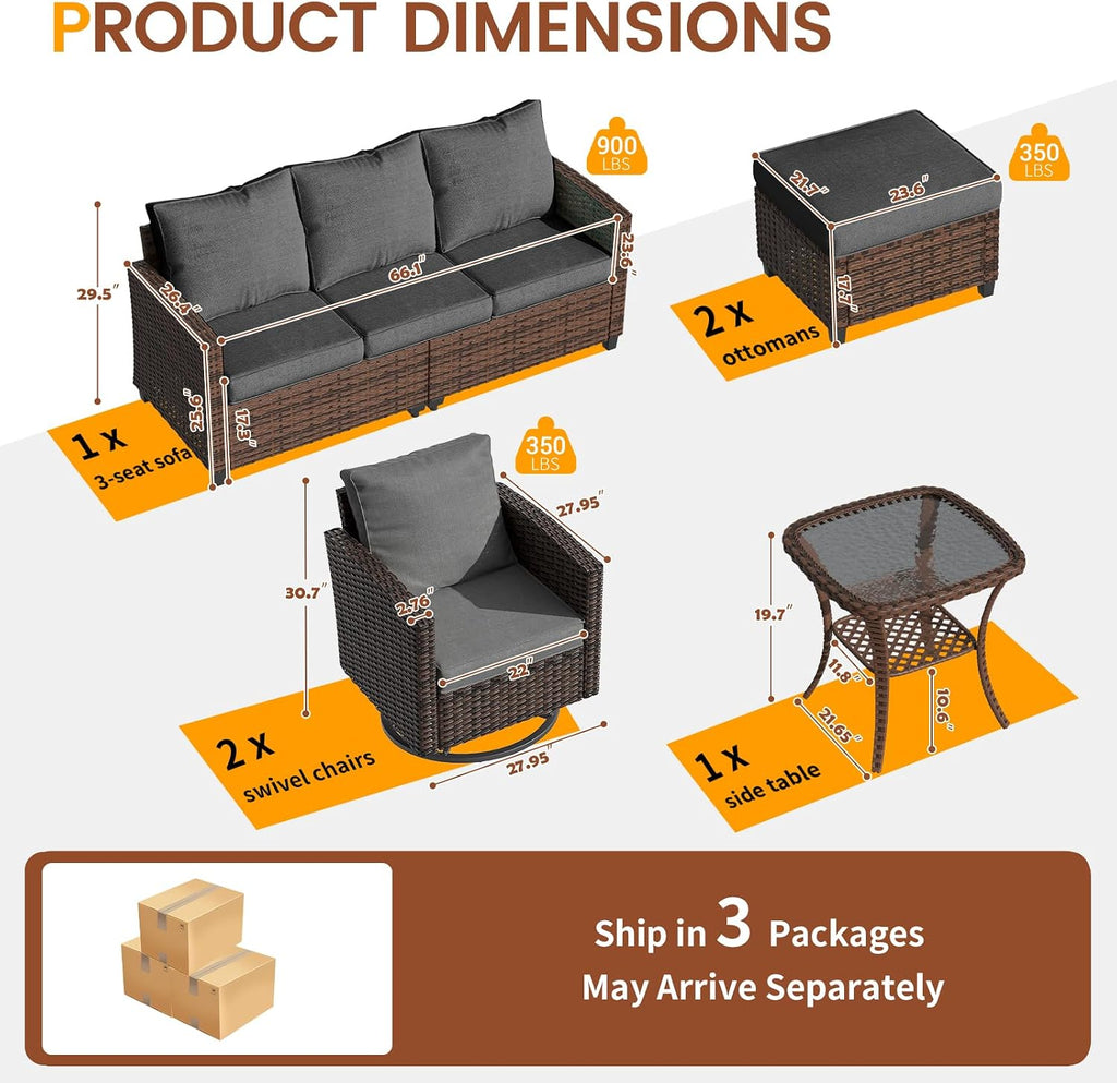 UDPATIO Patio Furniture Set, 6 Pieces Outdoor Sectional Couch with Swivel Rocking Chair, Brown Wicker Rattan Conversation Sofa, 4' Thick Cushion for Garden Backyard Deck, Dark Grey