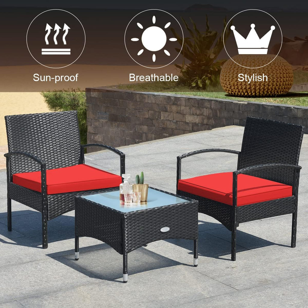 COSTWAY 3 PCS Patio Wicker Conversation Set, PE Rattan Sofa with Tempered Glass Coffee Table, 2 Chairs, 2 Cushions, Outdoor Patio Furniture Set for Yard Porch Bistro Balcony Backyard Pool, Red