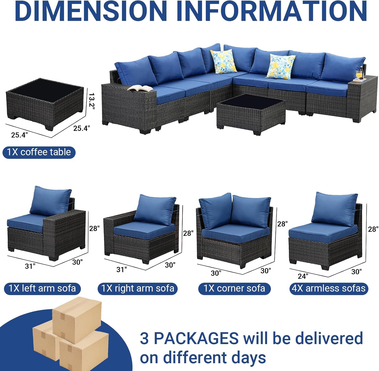 Jing's Villa 10-Piece Patio Furniture Set, All-Weather Outdoor Wicker Sectional Sofa with Cushions, Glass Table & Left and Right Armrest, Rattan Conversation Seating for Porch, Garden, Backyard,Navy