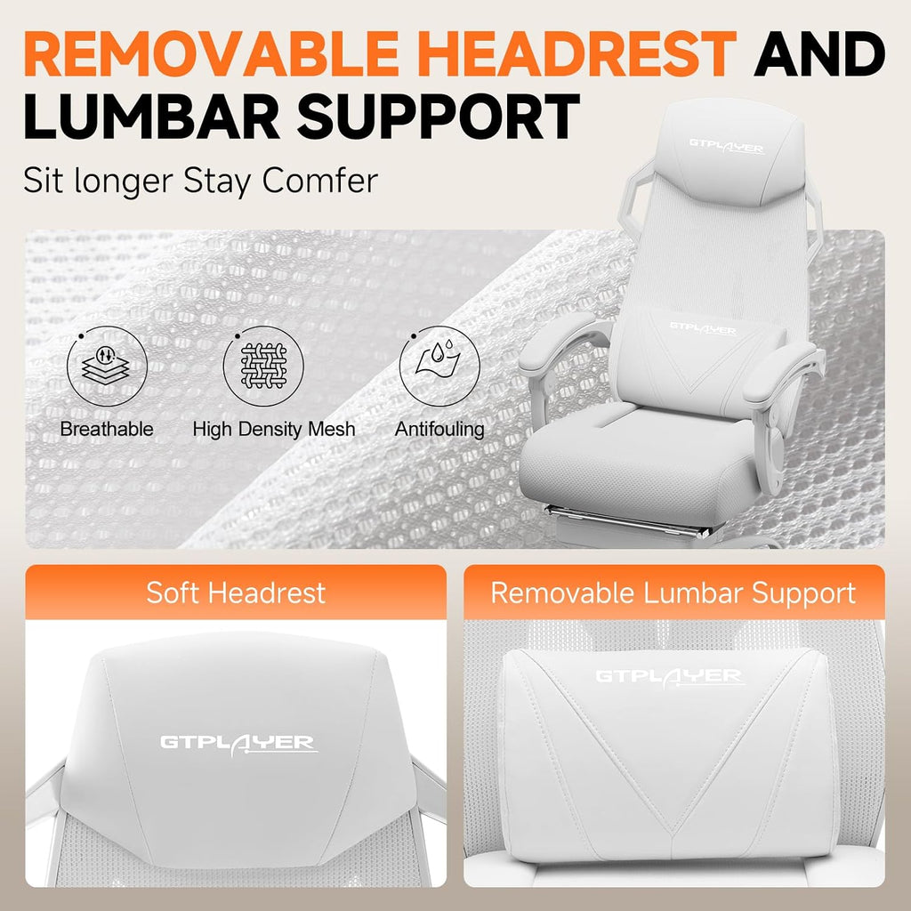 GTPLAYER Computer Chair with Adjustable Footrest, Ergonomic Gaming Chair with Headrest and Lumbar Support, Breathable Mesh Office Chair for Adults, High Back Reclining Desk Chair for Gaming and Office