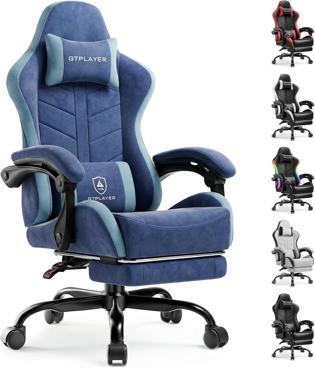 GTPLAYER Gaming Chair with Footrest, Computer Gaming Chair for Adults and Kids, Height Adjustable Gamer Chair with 90-155° Recline & Removable Headrest Lumbar Support,Performance Fabric Blue
