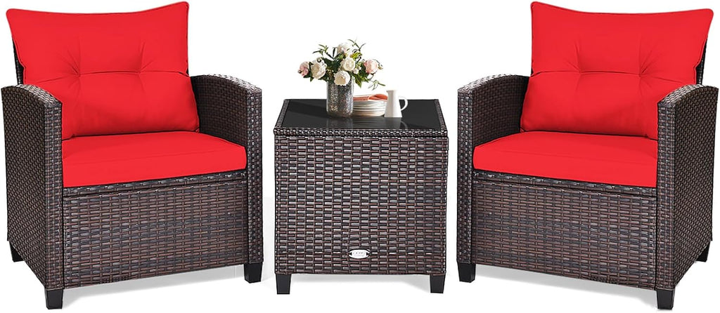 KOTEK 3 Piece Patio Furniture Set, Outdoor Conversation Set with Washable Cushions & Tempered Glass Tabletop, PE Rattan Wicker Bistro Set for Porch, Garden, Balcony (Red)