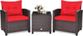 KOTEK 3 Piece Patio Furniture Set, Outdoor Conversation Set with Washable Cushions & Tempered Glass Tabletop, PE Rattan Wicker Bistro Set for Porch, Garden, Balcony (Red)