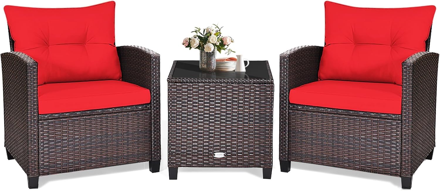 KOTEK 3 Piece Patio Furniture Set, Outdoor Conversation Set with Washable Cushions & Tempered Glass Tabletop, PE Rattan Wicker Bistro Set for Porch, Garden, Balcony (Red)