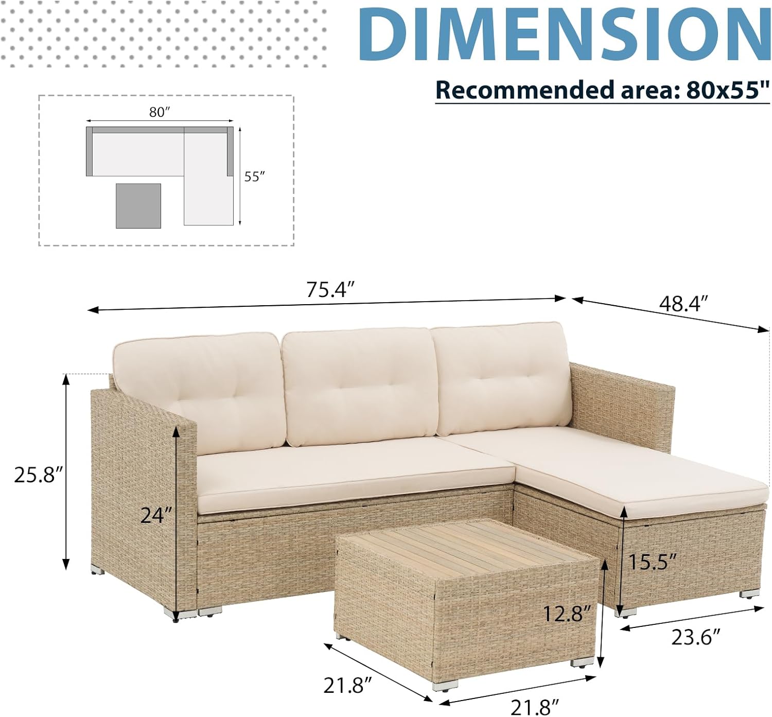 JOIVI 3 Piece Patio Furniture Set, L Shaped Wicker Rattan Outdoor Sectional Couch Conversation Set with Cushions & Wooden Top Coffee Table, All Weather Patio Sofa Set for Balcony or Porch, Beige
