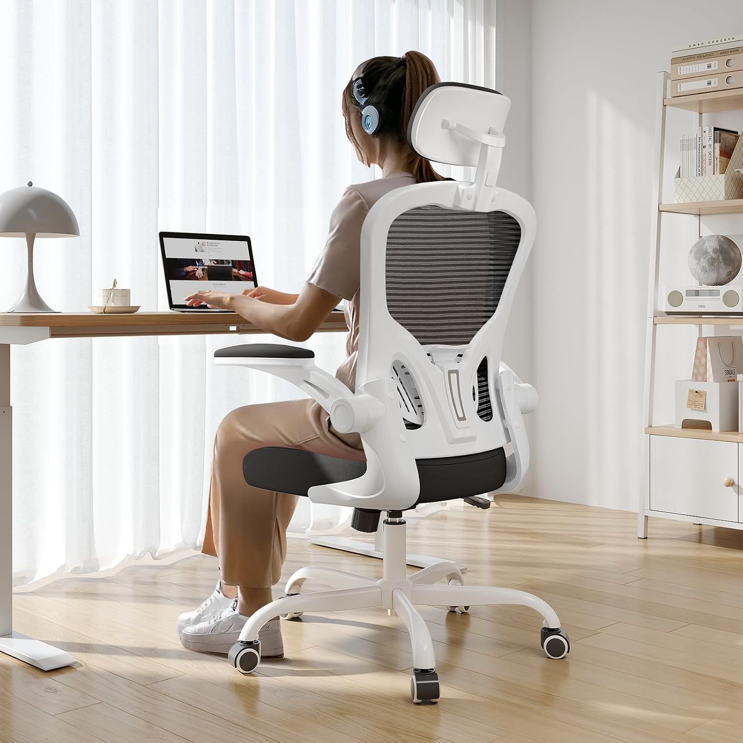 Office Chair Ergonomic Desk Chair, 330LBS Capacity, High Back Computer Design for Long Hours Comfort, Rolling Swivel Executive Task for Home Office with Flip-up Armrests(White Black)