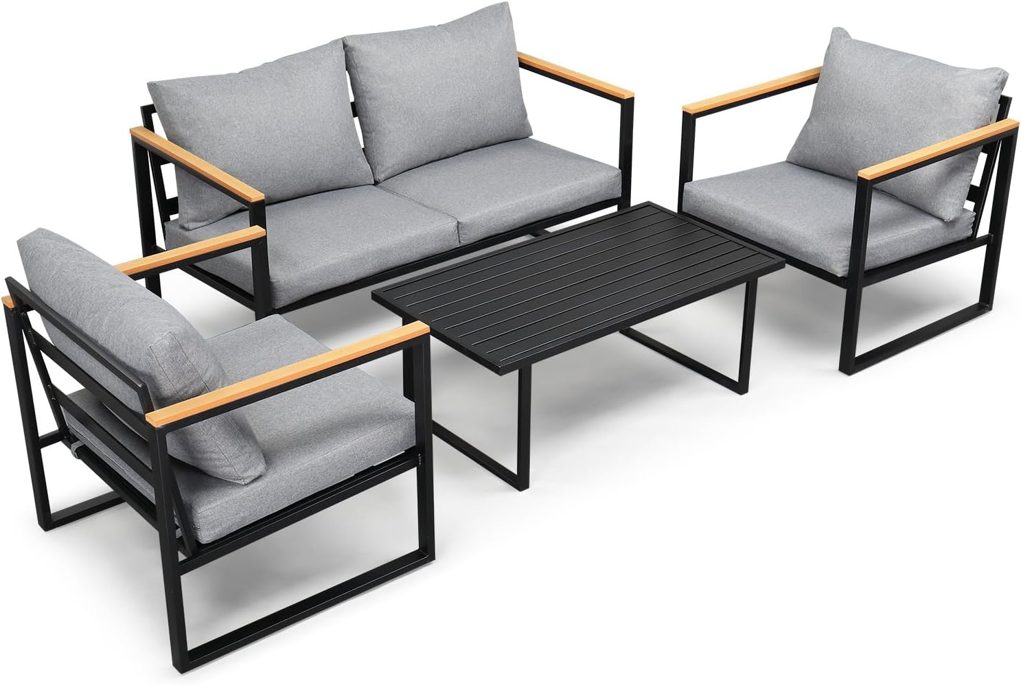 VINGLI Outdoor Metal Patio Furniture Sets 4-Piece, Sectional Outdoor Conversation Sets w/Iron Coffee Table, Patio Couch with Removable Cushion for Porch, Garden, Poolside