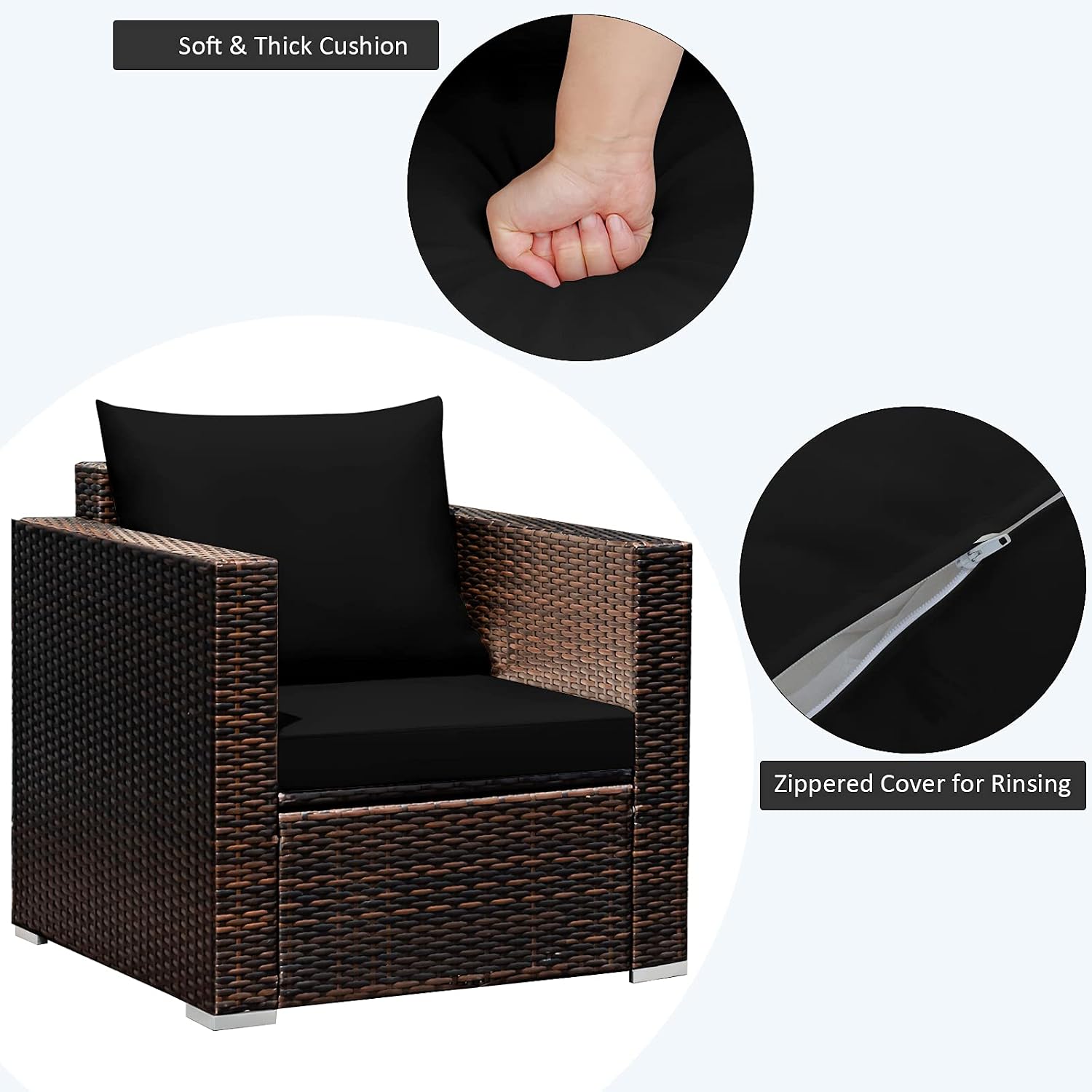 Tangkula 3 Pieces Patio Furniture Set, Outdoor Conversation Rattan Furniture Set w/Washable Cushion and Tempered Glass Tabletop, PE Rattan Wicker Sofa Set for Garden Poolside Balcony