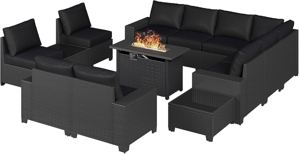 Aoxun Patio Furniture Sets with 44'' Fire Pit, 13 Pcs Outdoor Patio Coversation Set with 4in Thicken Cushion, Widen Armrests Wicker Outdoor Sectional for Backyard (Waterproof Cover Include)