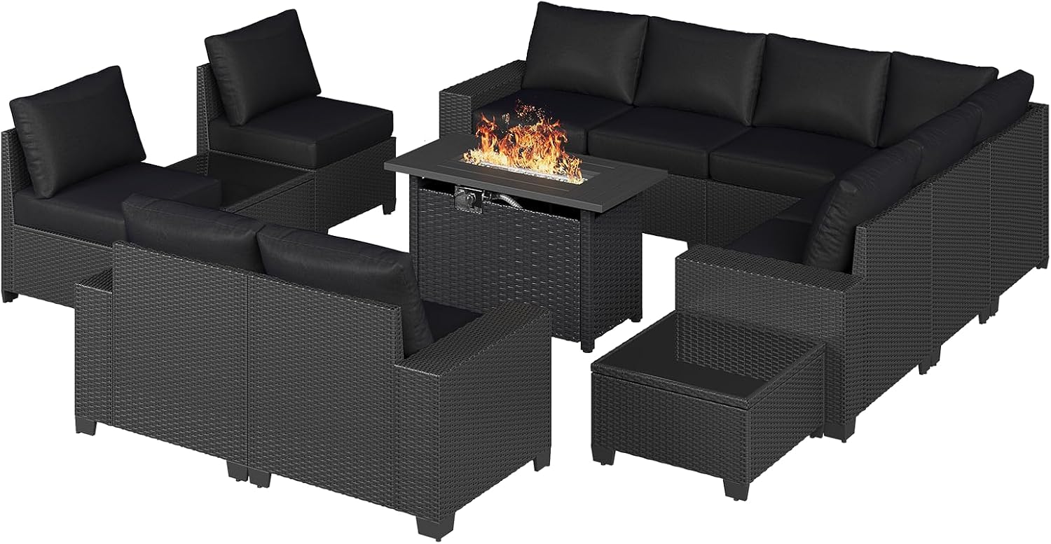 Aoxun Patio Furniture Sets with 44'' Fire Pit, 13 Pcs Outdoor Patio Coversation Set with 4in Thicken Cushion, Widen Armrests Wicker Outdoor Sectional for Backyard (Waterproof Cover Include)