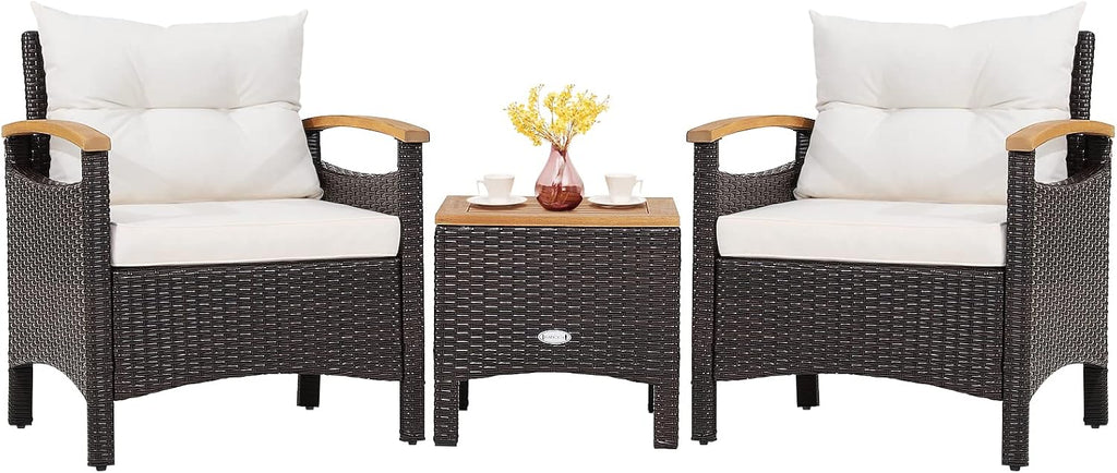 Tangkula 3-Piece Patio Furniture Set, Patiojoy Outdoor Rattan Sofa Set with Coffee Table, Patio Conversation Set with Removable Cushion, Cozy Acacia Wood Armrests for Backyard, Poolside (Off White)