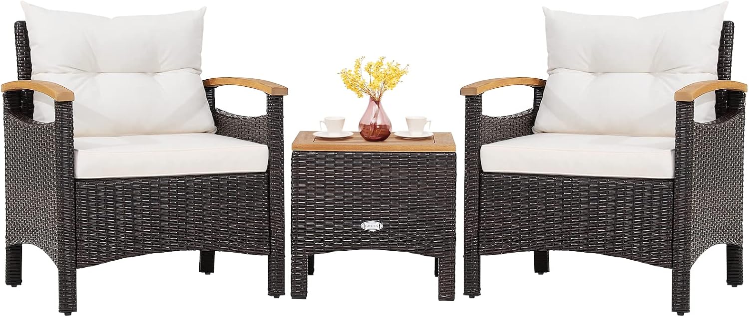 Tangkula 3-Piece Patio Furniture Set, Patiojoy Outdoor Rattan Sofa Set with Coffee Table, Patio Conversation Set with Removable Cushion, Cozy Acacia Wood Armrests for Backyard, Poolside (Off White)