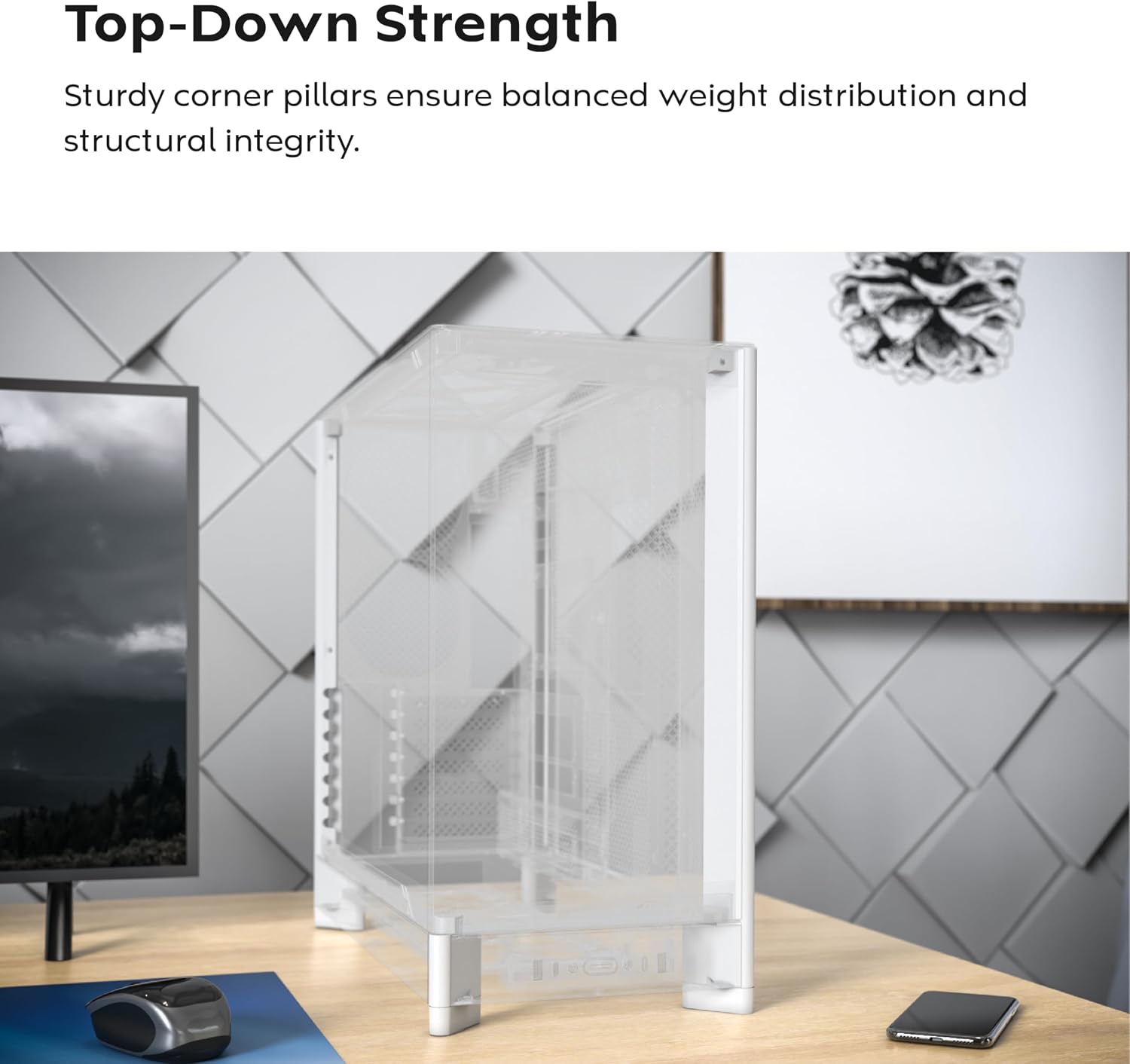 MONTECH HS02, ATX Mid-Tower PC Case, Gaming PC, High-Airflow, Reversible Layout, Sturdy Curved Tempered Glass Front Panel, Sink-in Design, Toolless Panels, White, US