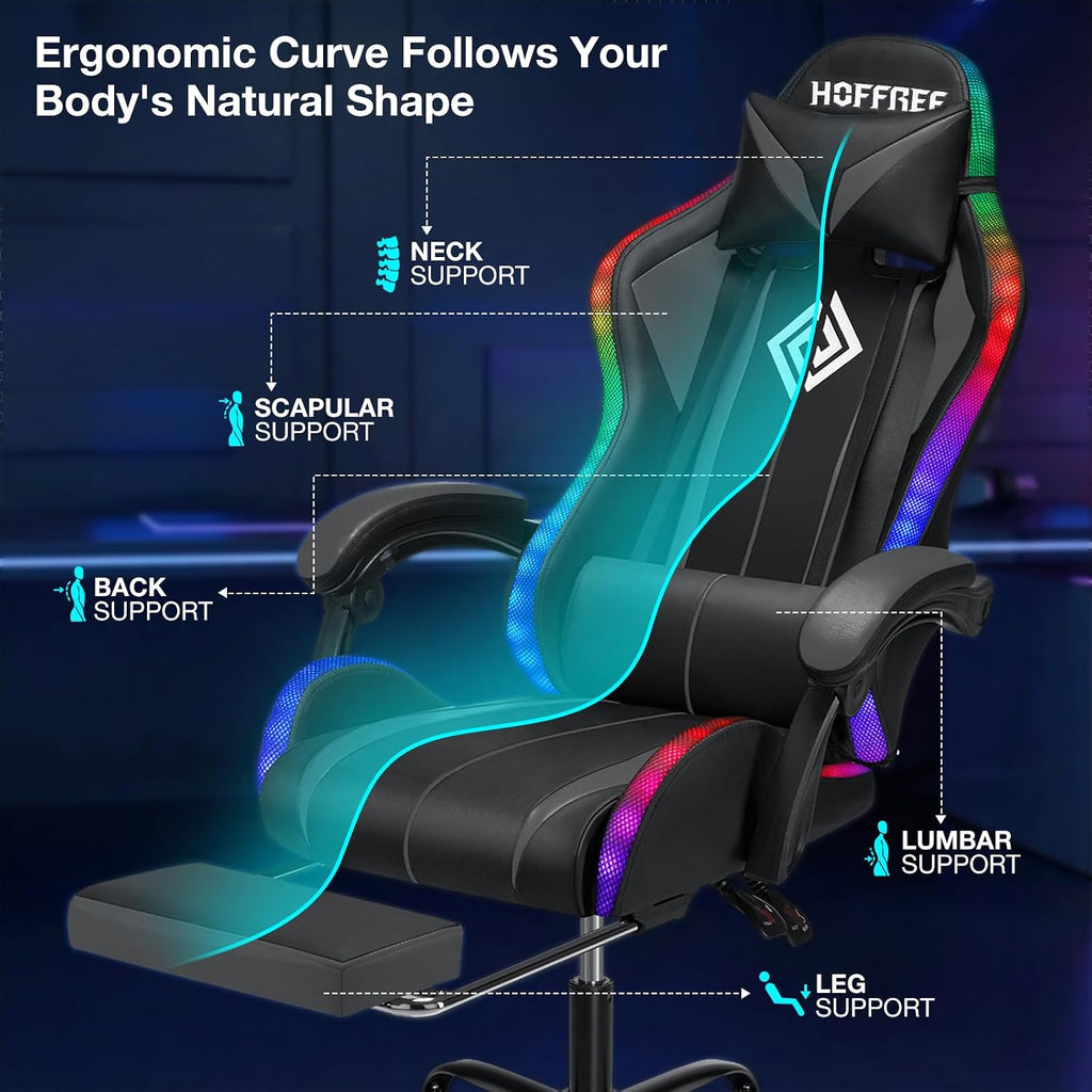 Gaming Chair Massage with LED RGB Lights and Footrest Ergonomic Computer Chair High Back Video Game Chair with Adjustable Lumbar Support Linkage Armrest Grey and Black