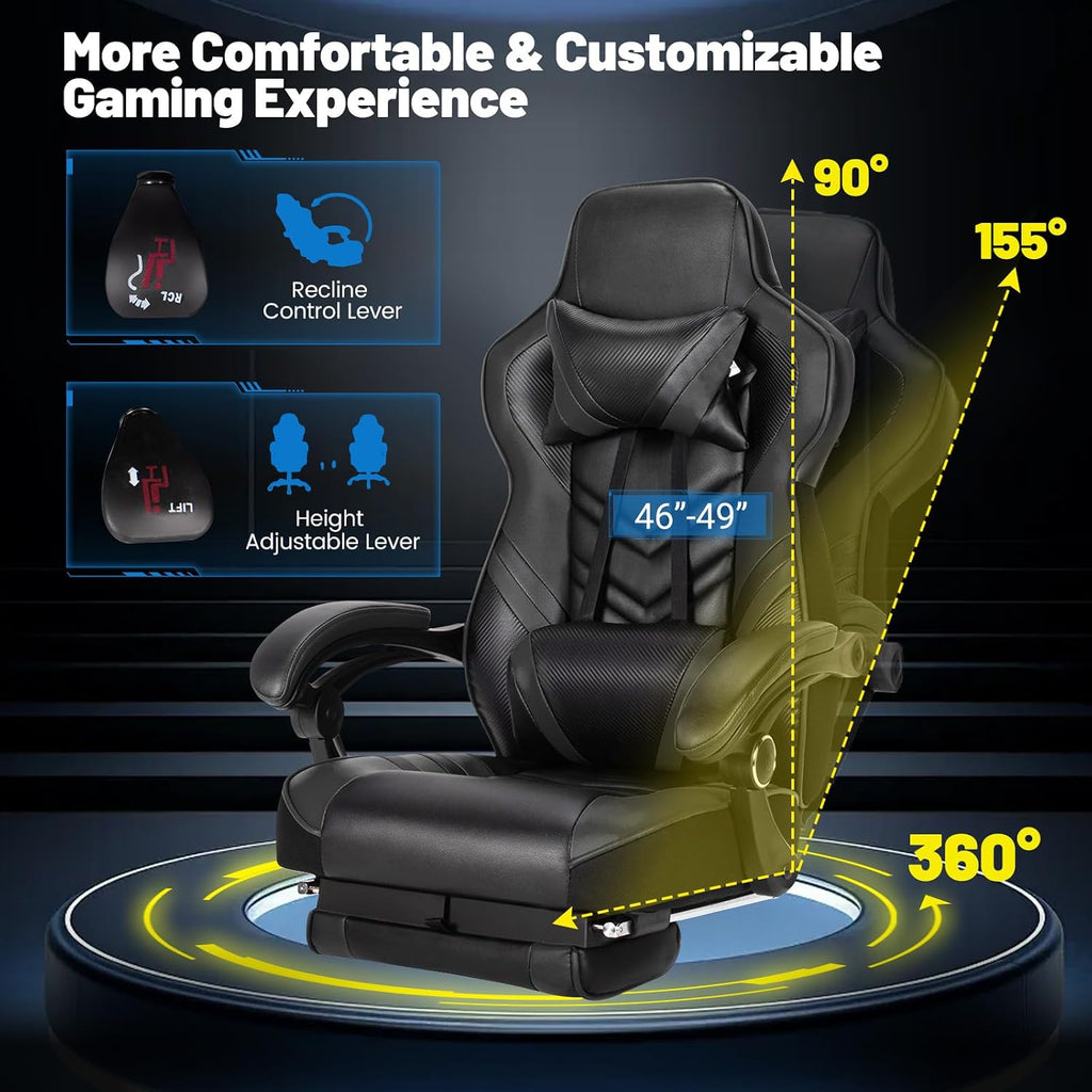 Goplus Gaming Chair, Computer Chair with Footrest and Lumbar Support, Height Adjustable Executive Swivel Rolling Task Chair with 90°-155° Tilt Function (Black)