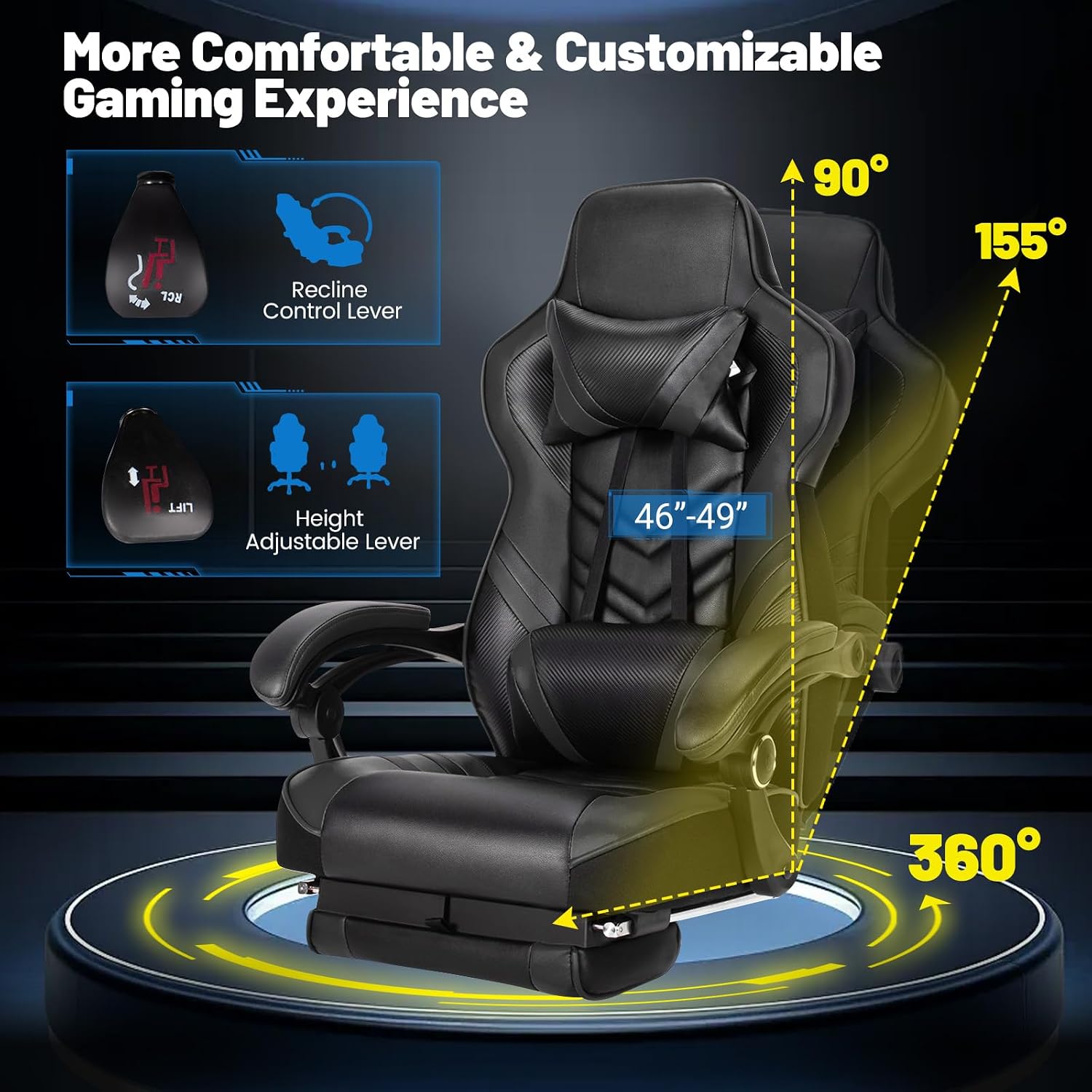 Goplus Gaming Chair, Computer Chair with Footrest and Lumbar Support, Height Adjustable Executive Swivel Rolling Task Chair with 90°-155° Tilt Function (Black)