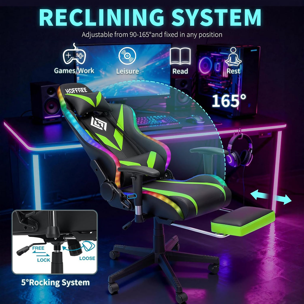 HOFFREE Gaming Chair with Bluetooth Speakers and Led Lights Massage Video Game Chair with Footrest Reclining High Back Computer Gamer Chair Green and Black
