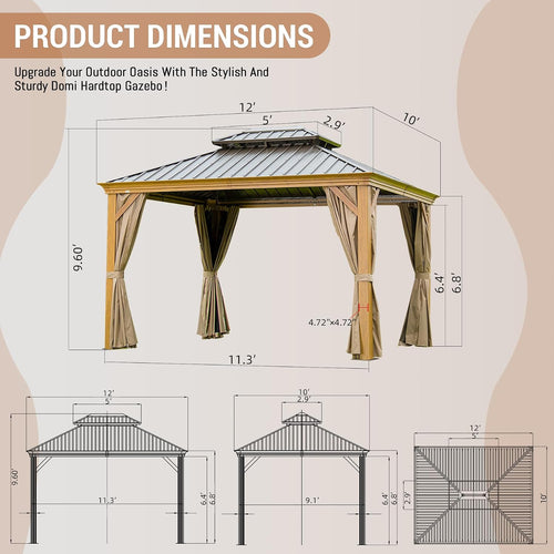 10' x 12' Hardtop Gazebo Outdoor Aluminum Wood Grain Gazebos with Galvanized Steel Double Canopy for Patios Deck Backyard,Curtains&Netting by domi outdoor living