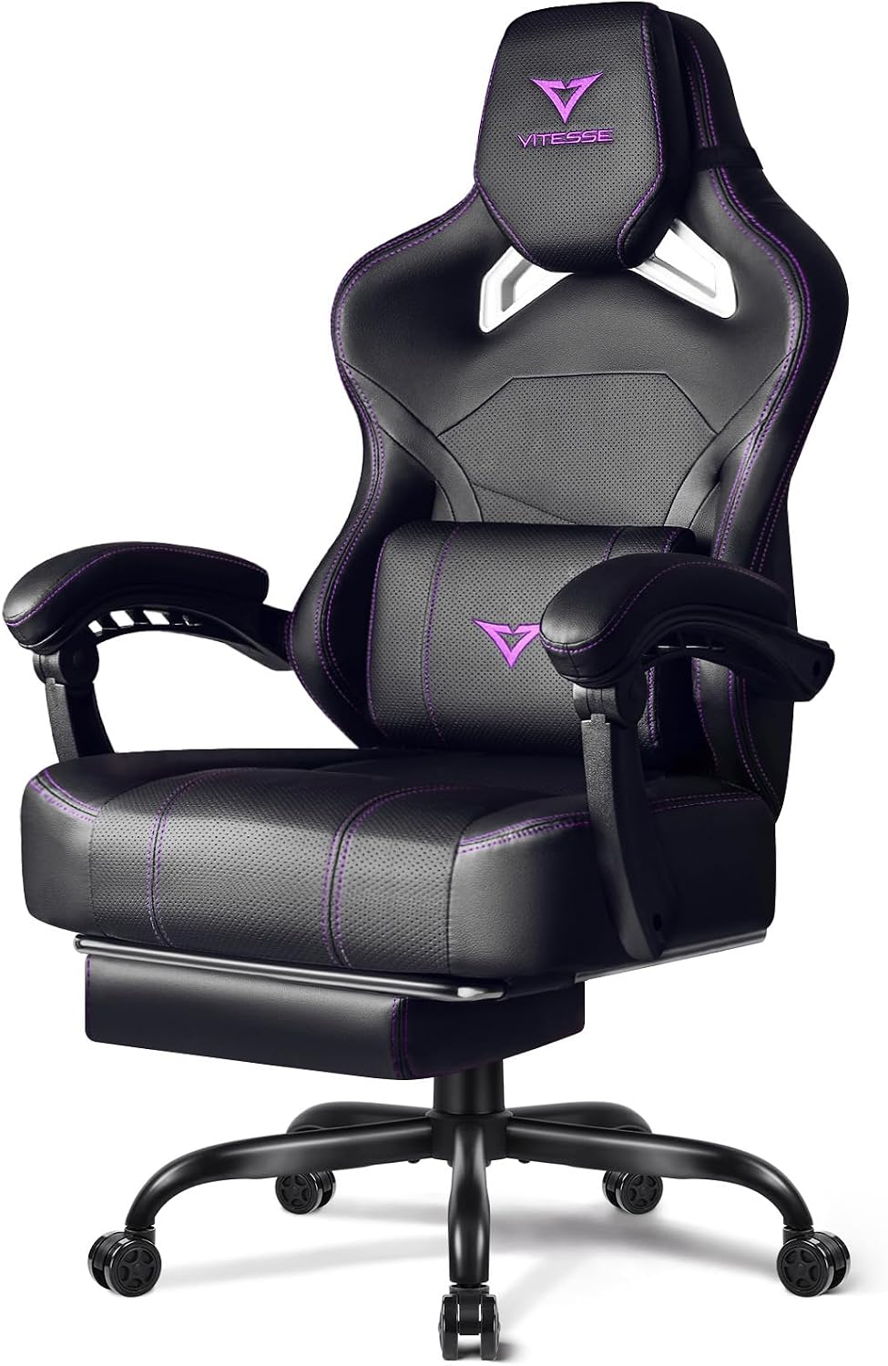 VITESSE Big and Tall Gaming Chair 400lb Weight Capacity with Footrest, Ergonomic Video Game Chair for Adults with Oversized Headrest and Lumbar Pillow, Computer Chair Gaming for Office (Black+Purple)