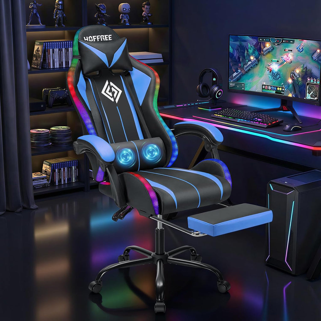 HOFFREE Gaming Chair with LED RGB Lights with Massage and Footrest Ergonomic Computer Chair High Back Video Game Chair with Adjustable Lumbar Support Linkage Armrest Blue and Black