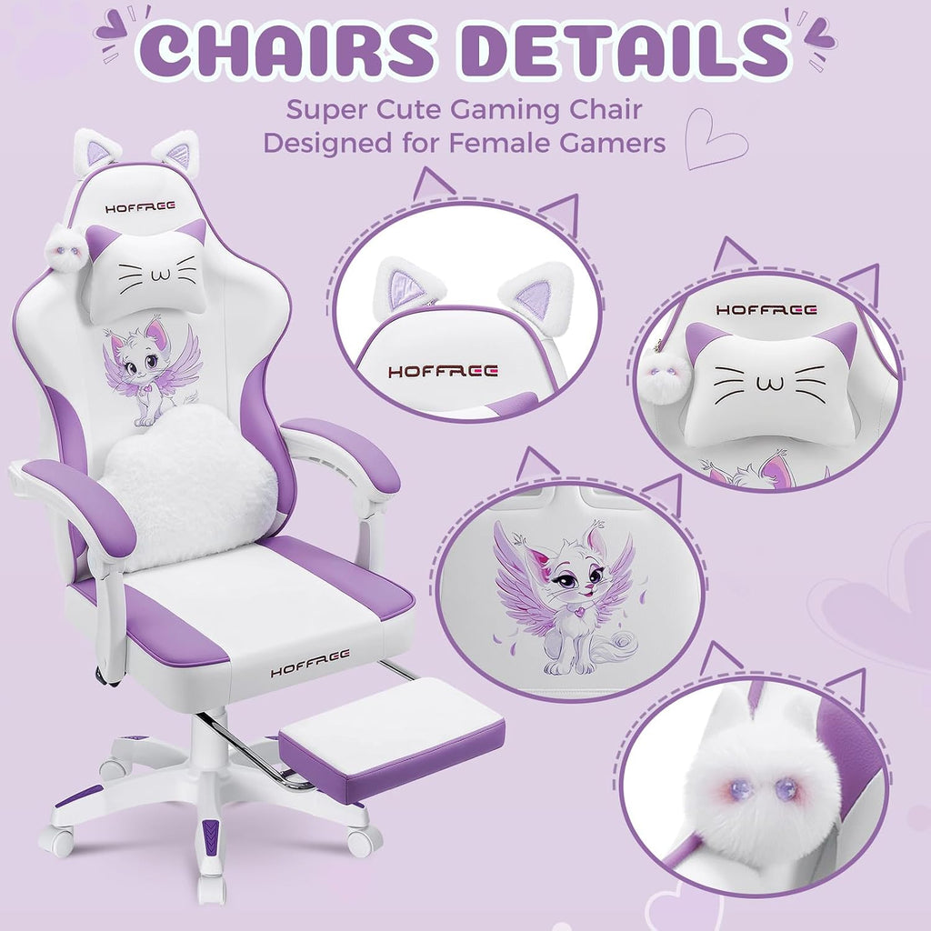 HOFFREE Gaming Chair for Girls with Cat Ears Massage Lumbar Computer Chair Game Chairs for Adults